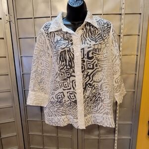 Ruby Rd 12 Petite white sheer blouse/ jacket button up.